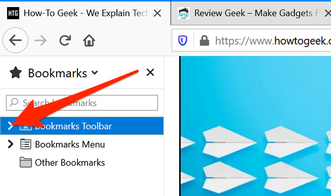 Click the arrow icon in the Bookmarks section in Firefox
