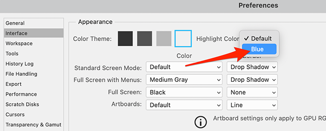Select a highlight color on the Photoshop's Preferences window