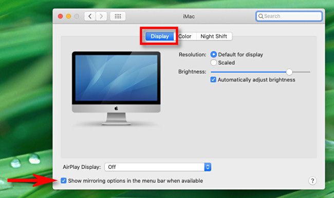 In System Preferences, click Display, then check "Show mirroring options in the menu bar when available."