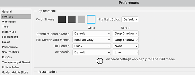 Photoshop's Preferences window with a light theme