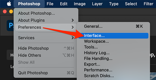 Interface option under Preferences on the Photoshop window