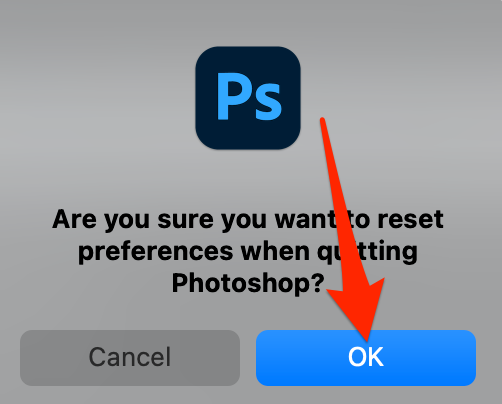 Select OK from the reset prompt in Photoshop