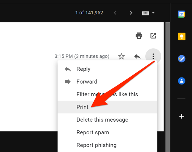 Print option in More menu of Gmail on Windows