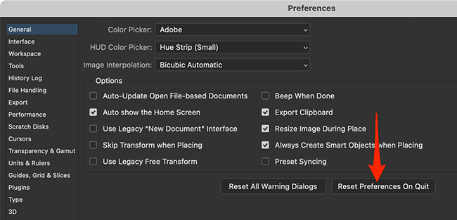 Enable the reset option in Photoshop's Preferences menu