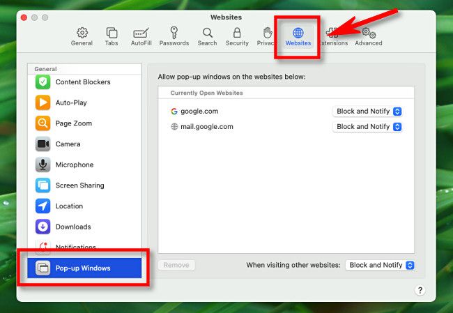 In Safari Preferences on Mac, click "Websites" and select "Pop-up Windows" in the sidebar.