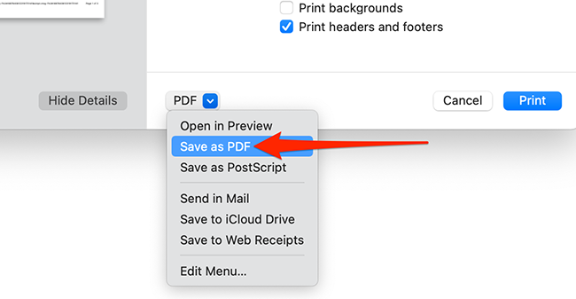 Choose Save as PDF from Safari's print dialog box
