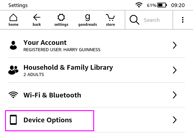 device options highlighted