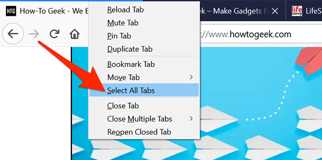 Right-click an open tab and choose "Select All Tabs" in Firefox