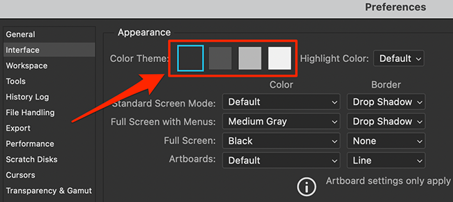 Select a theme from Photoshop's Preferences window