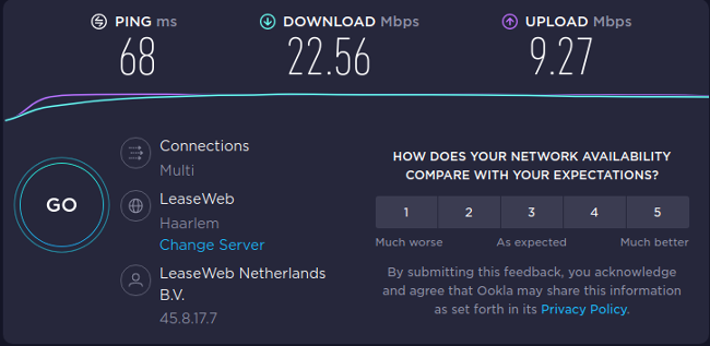 speed test with VPN to Amsterdam