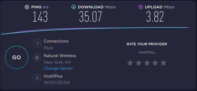 speed test with VPN to New York