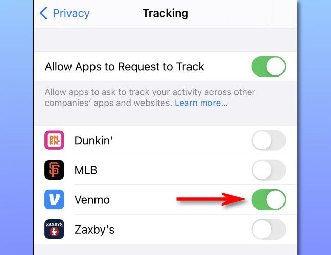 To change tracking settings on an individual app, tap the switch beside it in the list.