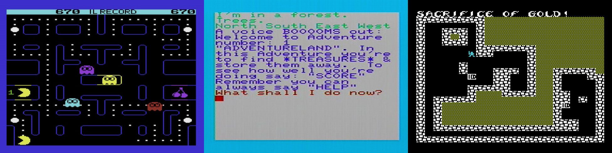Screenshots of three VIC-20 games: Jelly Monsters, Adventure Land, and Sword of Fargoal.