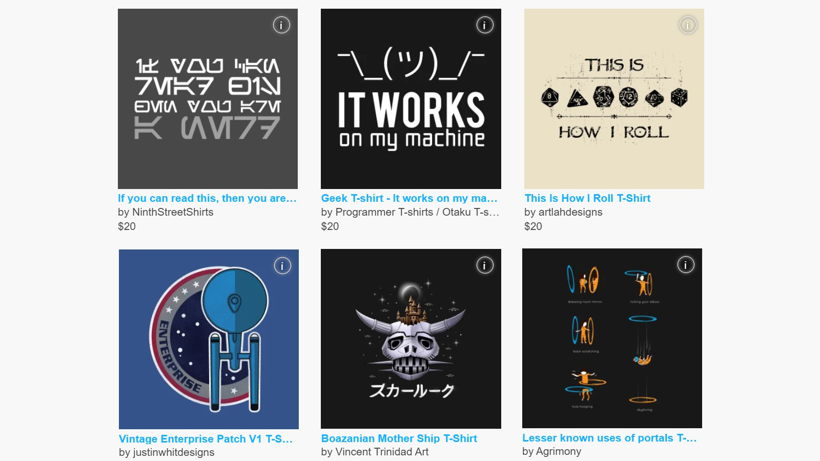 Six of the many nerdy shirt designs at TeePublic