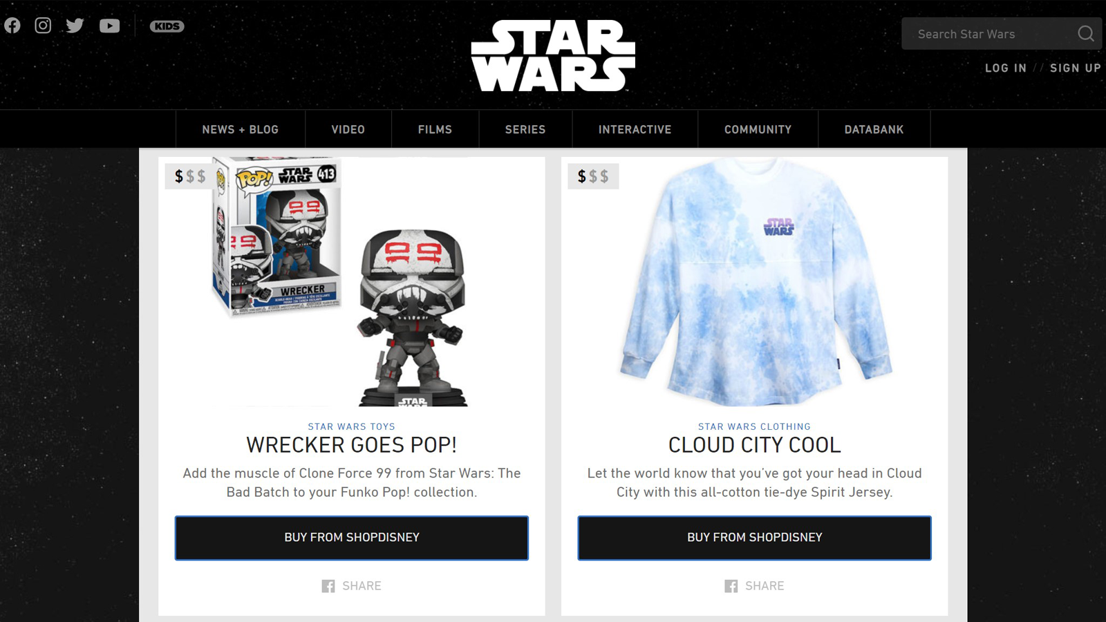 Home page of the star wars shop with Funko Pops and a long-sleeve shirt