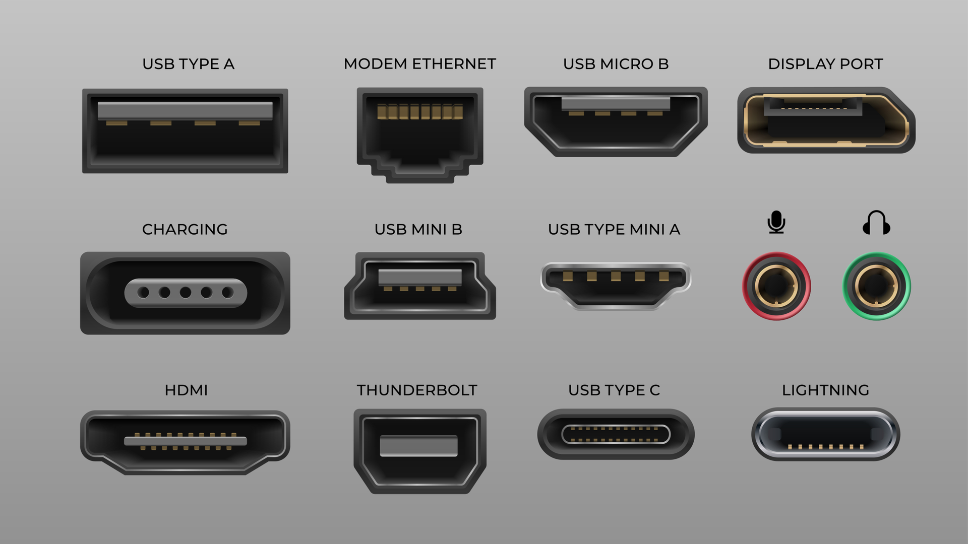 Connector and ports. USB type A and type C, video ports hand drawnMI DVI and Displayport, audio coaxial, lightning vector ports, universal elements pc connectors