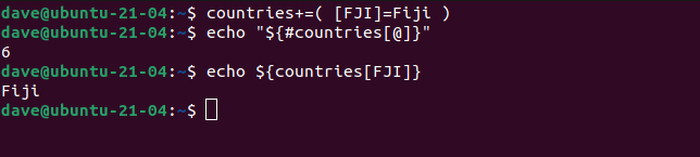 countries+=( [FJI]=Fiji ) in a terminal window