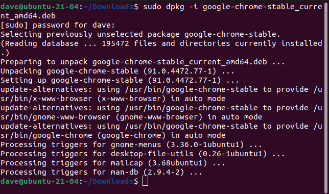 output from sudo dpkg -i google-chrome-stable_current_amd64.deb in a terminal window
