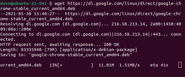 Output from wget https://dl.google.com/linux/direct/google-chrome-stable_current_amd64.deb in a terminal window in a terminal window