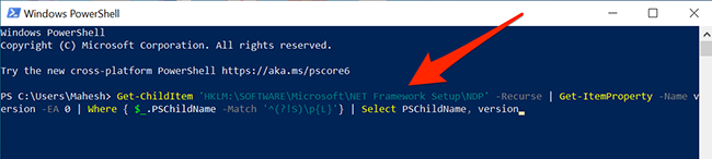 Run a command to find .NET Framework version in PowerShell.