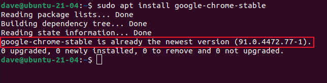 output from sudo apt install google-chrome-stable in a terminal window