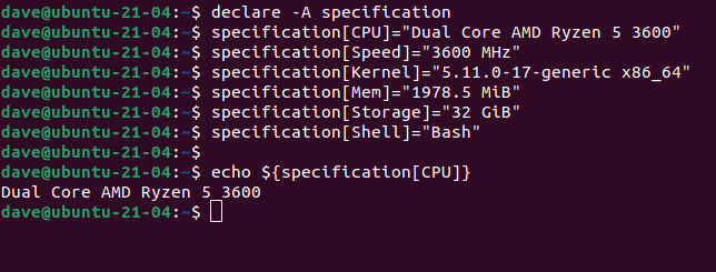 declare -A specification in a terminal window