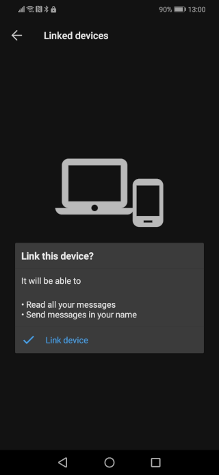 Linking a new device confirmation screen in Signal mobile