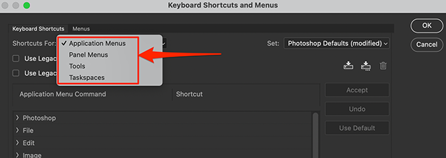 Select an option from the "Shortcuts For" drop-down in Photoshop.