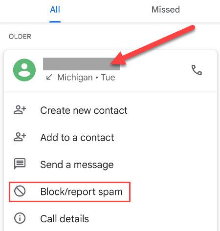 Select a call and then tap &quot;Block/Report Spam.&quot;