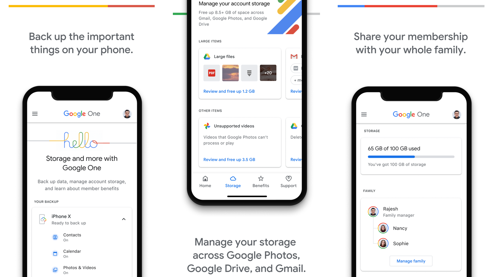 Google One app with storage management and sharing options
