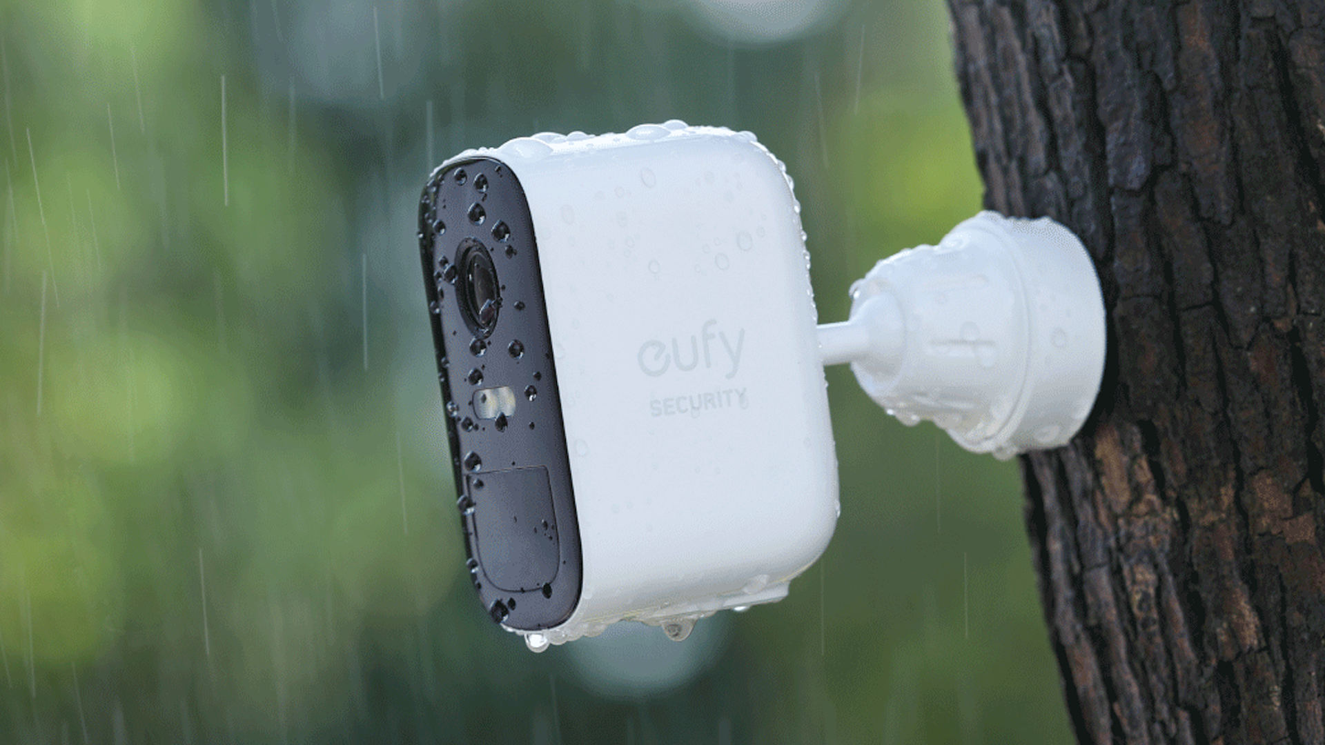An Eufy smart security camera in the rain.