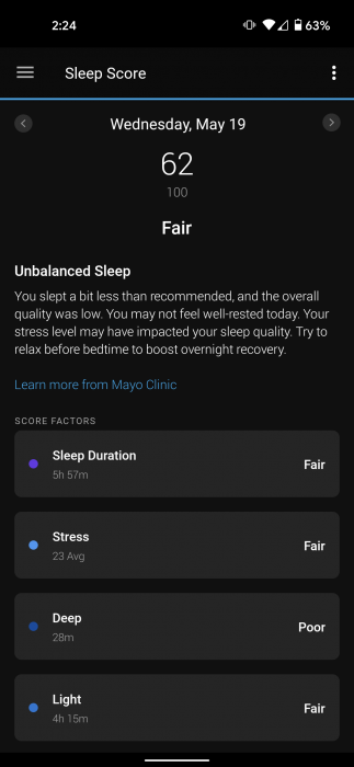 A screenshot of the sleep score metric