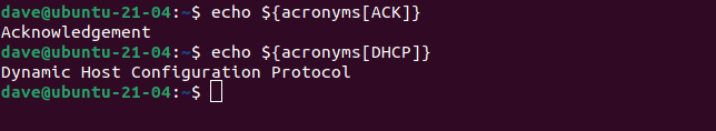 echo ${acronyms[ACK]} in a terminal window