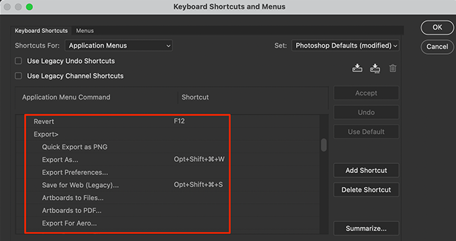 Select a function on the "Keyboard Shortcuts and Menus" window in Photoshop.