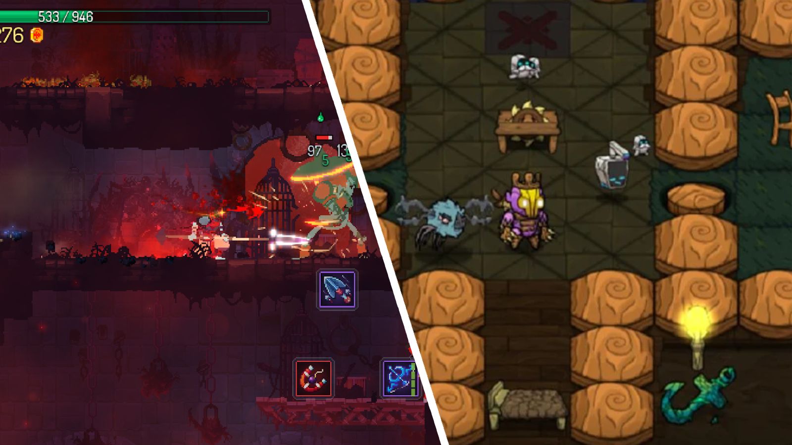 Screenshots of Dead Cells and Crashlands in a collage 