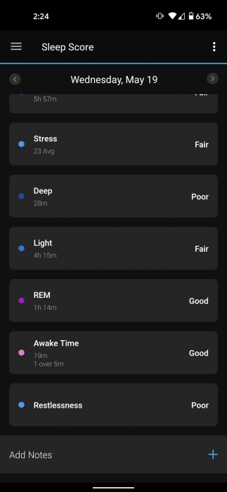 A screenshot of the sleep score metric