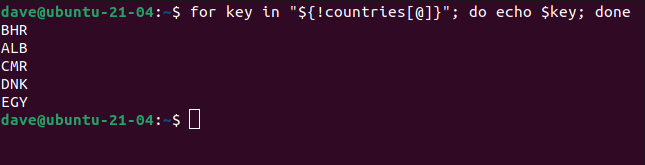 for key in "${!countries[@]}"; do echo $key; done in a terminal window