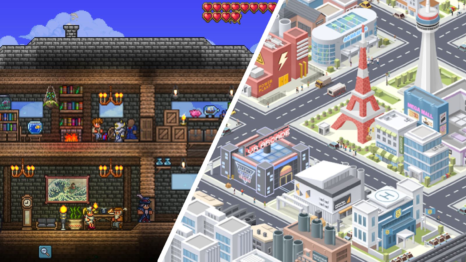 Screenshots of Terraria and Pocket City in a collage
