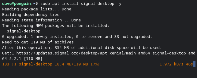 sudo apt install signal-desktop -y in a terminal window