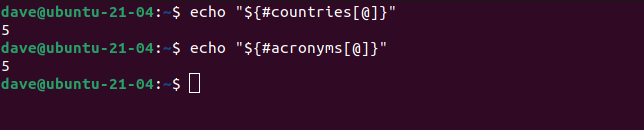 echo "${!countries[@]}" in a terminal window