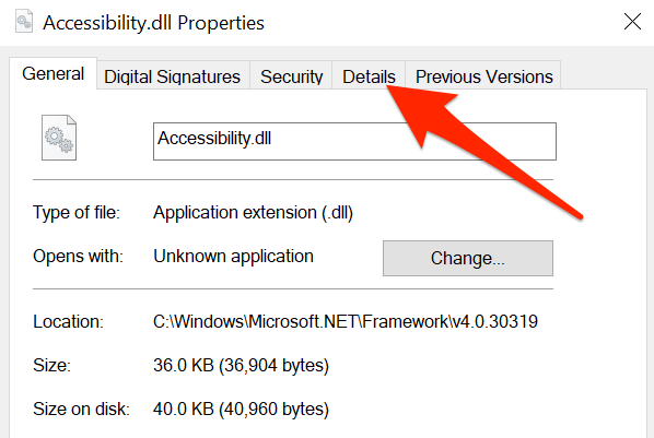 Click the "Details" tab for the "Accessibility.dll" file.