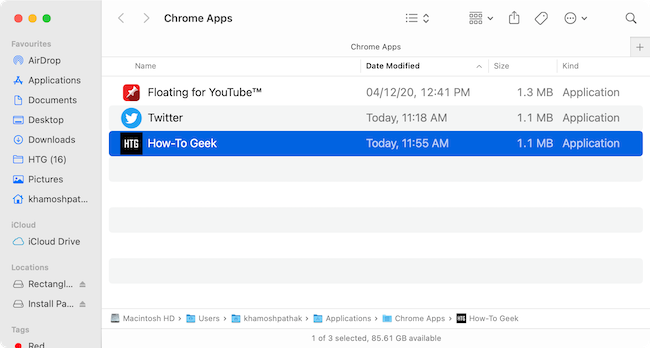 The Chrome Apps folder on Mac showing all installed web apps.