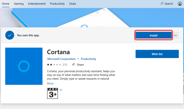 Click "Install" button to install Cortana app on your computer