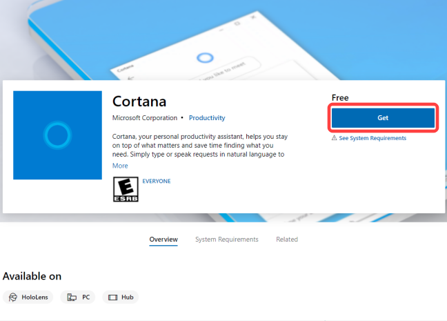 Click the "Get" button to add Cortana app to your library