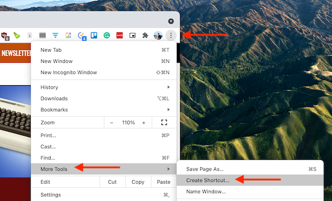 From Chrome's toolbar, select Menu &gt; More Tools &gt; Create Shortcut.