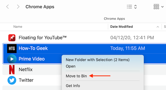 Right-click an app and choose &quot;Move to Bin&quot; to delete the Chrome app.