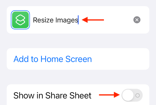 Customize the shortcut name and enable the "Show in Share Sheet" feature.