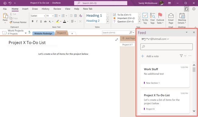 Feed pane in OneNote