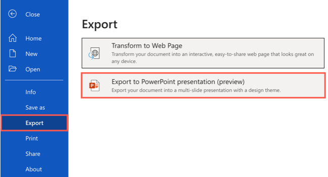 Click File, Export, Export to PowerPoint Presentation