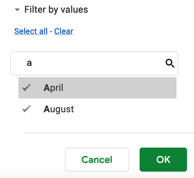 Search for a filter value and click OK
